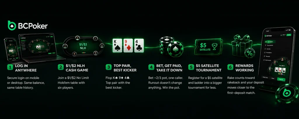 BCPoker infographic showing mobile and desktop play, a $1/$2 NLH table, K-9-4 flop, $5 satellite ticket, chips and rewards.